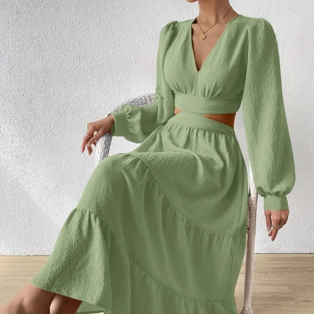 Cut Out Waist Lantern Sleeve Ruffle Hem green Dress maxi - Picture 5 of 5